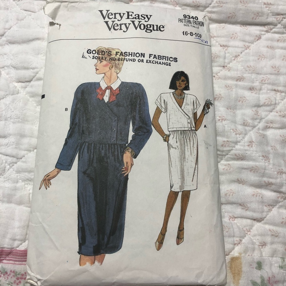 Very Easy Very Vogue 9340 Pattern - Cut To 10 ( 6-8-10) All Pieces There.